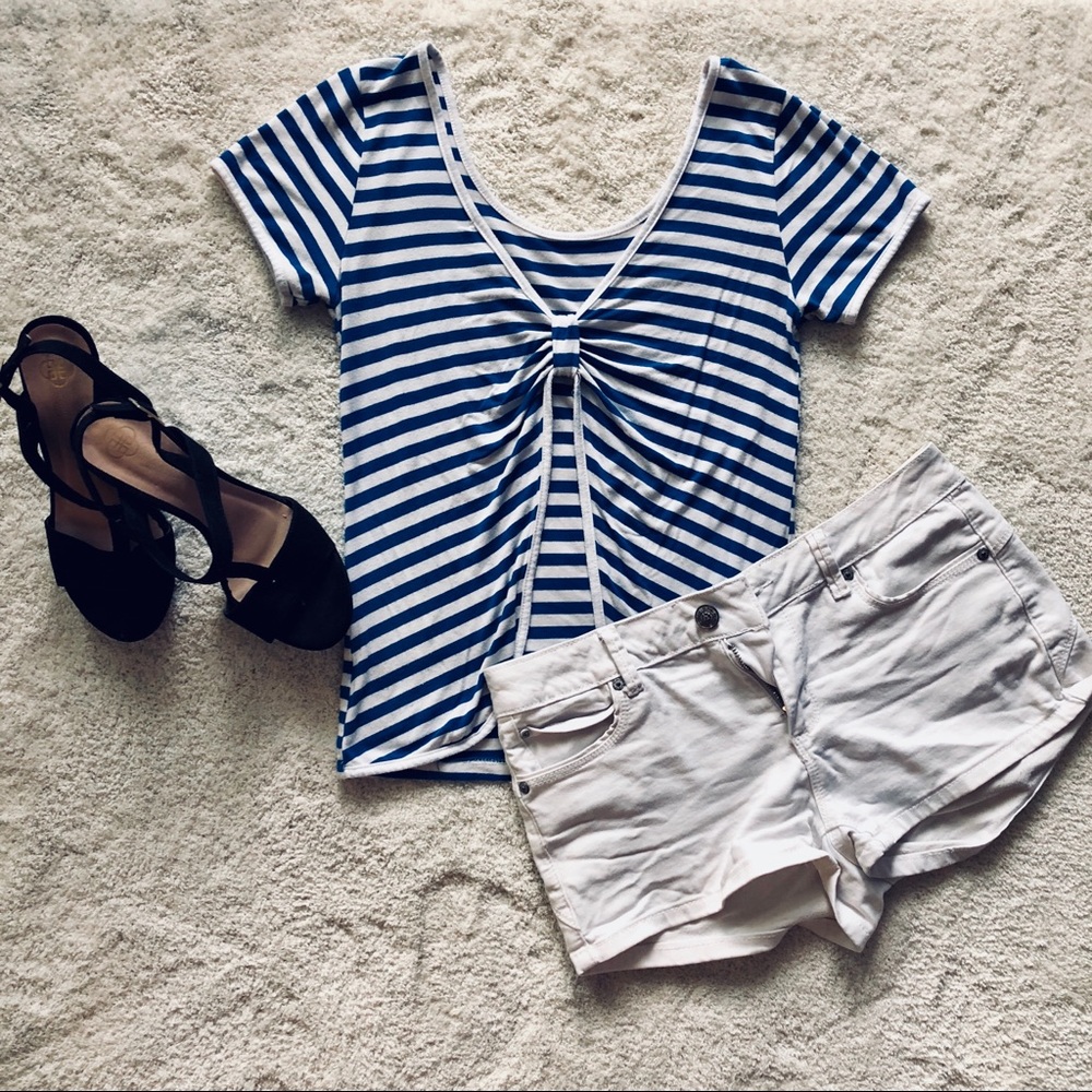 White and blue stripped top with semi open back